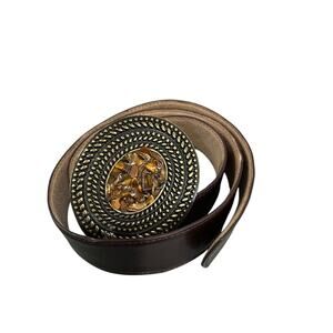 Vintage Y2K Brown Leather Belt Boho Oval Natural Stone Bronze Buckle Sz M